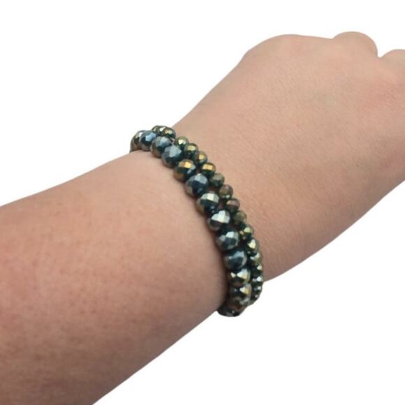 Iridescent Metallic Teal & Gold Fauceted Beads, Stackable Stretch Bracelets - Picture 1 of 7